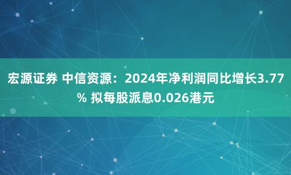 宏源证券 中信资源：2024年净利润同比增长3.77% 拟每股派息0.026港元